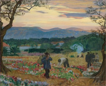 Paysage des plaines œuvres - THE FLOWER HARVEST Boris Mikhailovich Kustodiev planifie des scènes de paysage